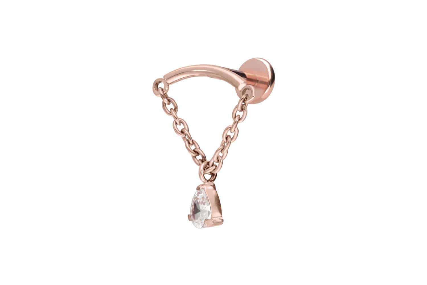 Titan Labret Piercing mit Push Fit BOGEN + KETTE + KRISTALLTROPFEN